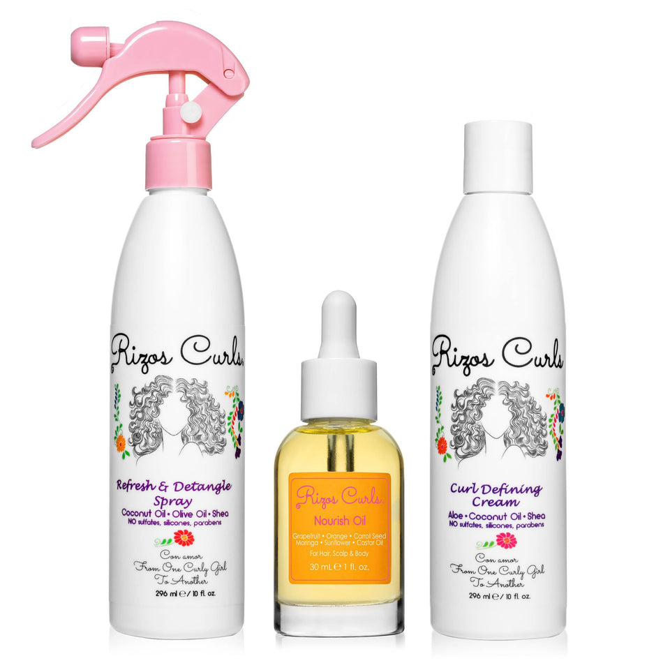 Rizos Curls Refresh Spray bottle shows detangling and refresh between washes.