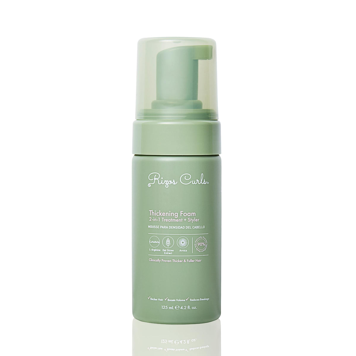 Rizos Curls Thickening Foam bottle front shows lightweight root-boosting formula