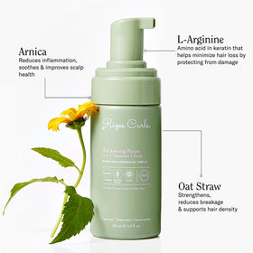 Rizos Curls Thickening Foam packaging closeup highlights label and benefits