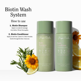 Rizos Curls travel biotin wash bottle front view for easy packing.