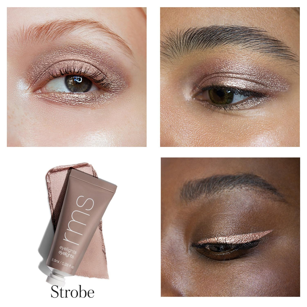 RMS Beauty Eyelights Cream swatches in metallic shades for versatile day-to-night looks.