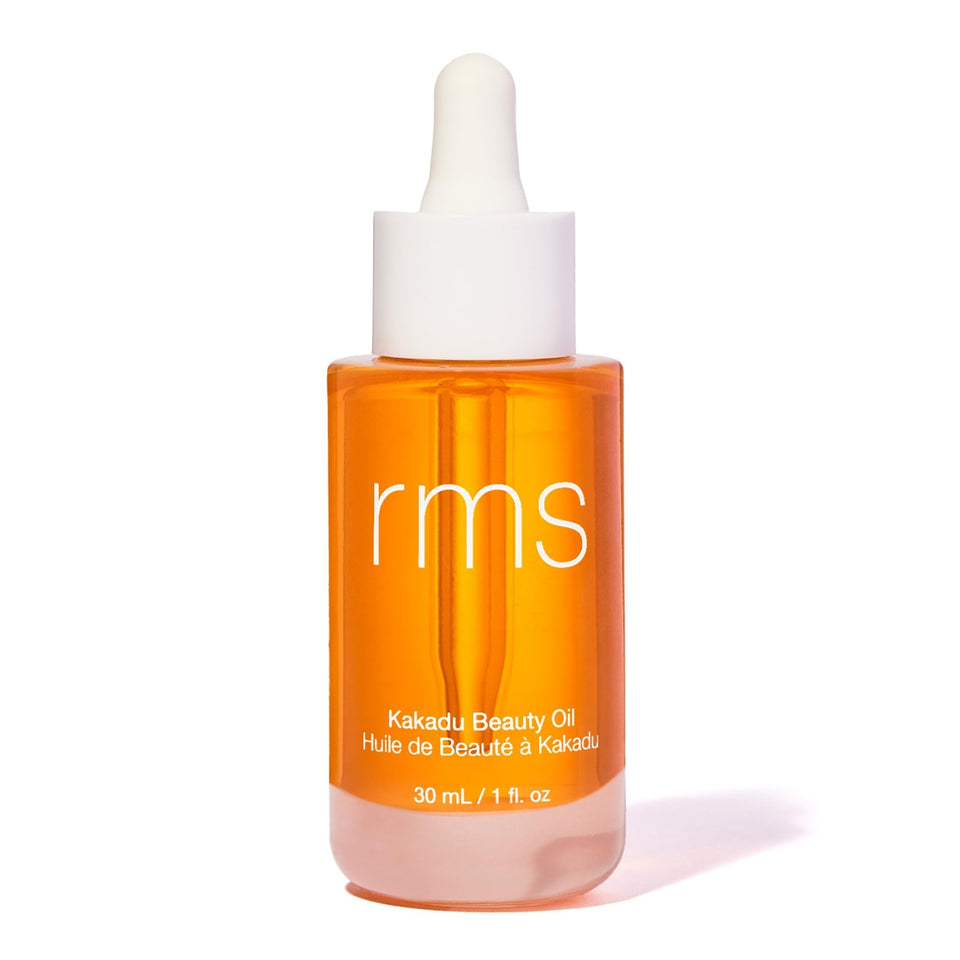 RMS Beauty Kakadu Beauty Oil bottle highlights lightweight hydration for radiant skin.