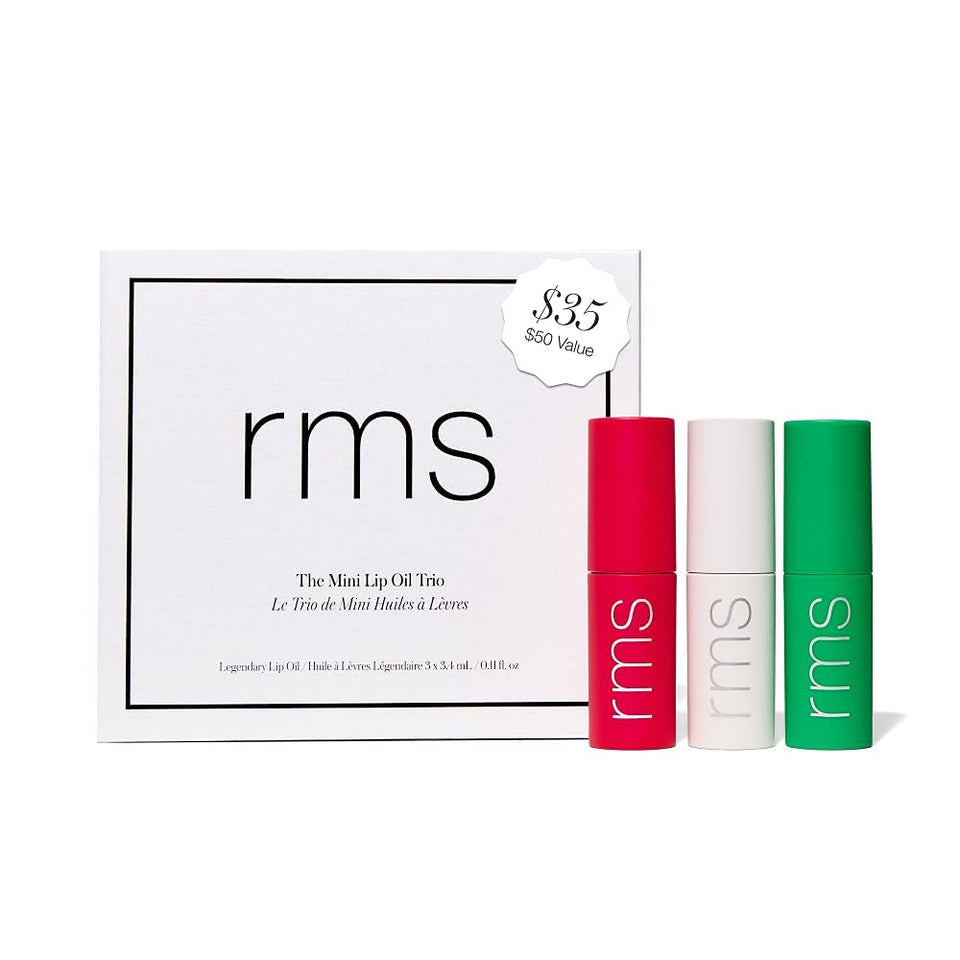RMS Beauty Mini Lip Oil Trio bottle close-up showing glossy, non-sticky shine