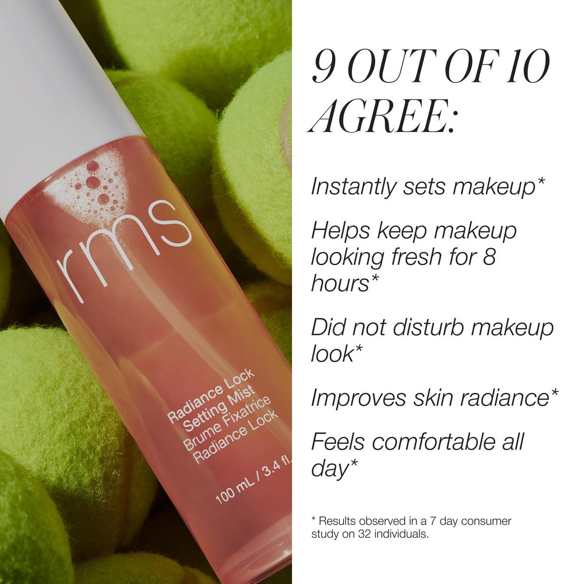 Close-up of RMS Beauty Radiance Lock Setting Mist on skin providing hydration