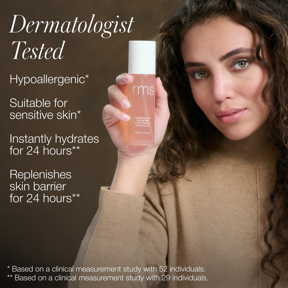RMS Beauty Radiance Lock Setting Mist applying to face for hydration boost