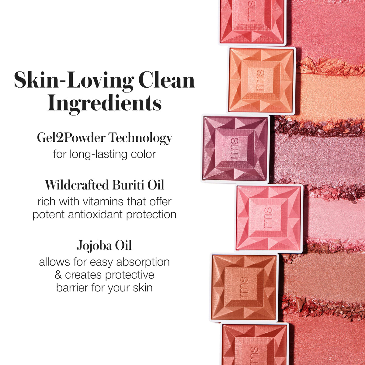 Buriti and jojoba oils energize the glide of RMS Hydra Blush in the image.