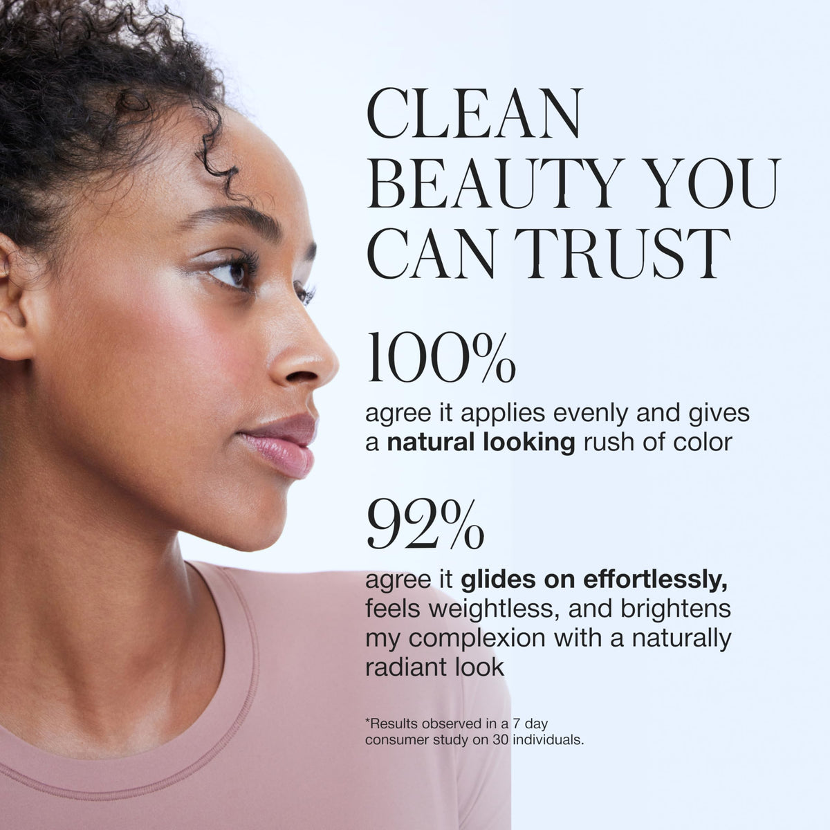 Long-wear radiant finish shown on cheek gives lasting glow.