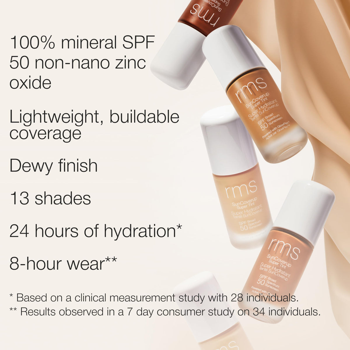 RMS Beauty SunCoverup water-resistant image demonstrates lasting wear with light movement.