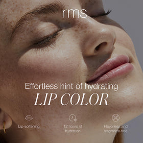 RMS Beauty lip balm swatch showing sheer color and lasting hydration