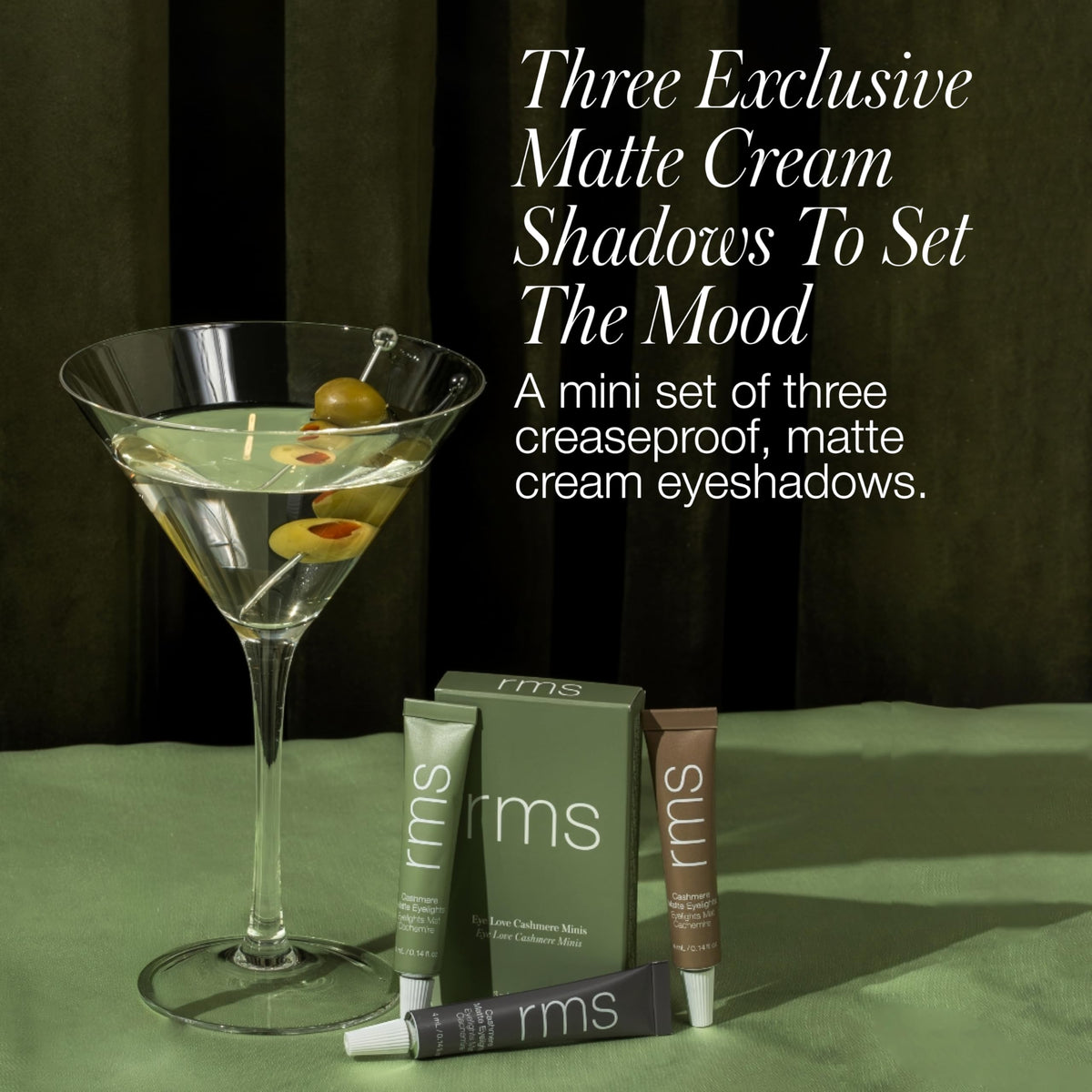 RMS Beauty Eye Love Cashmere Minis application shows soft-smudge, buildable color on lids.