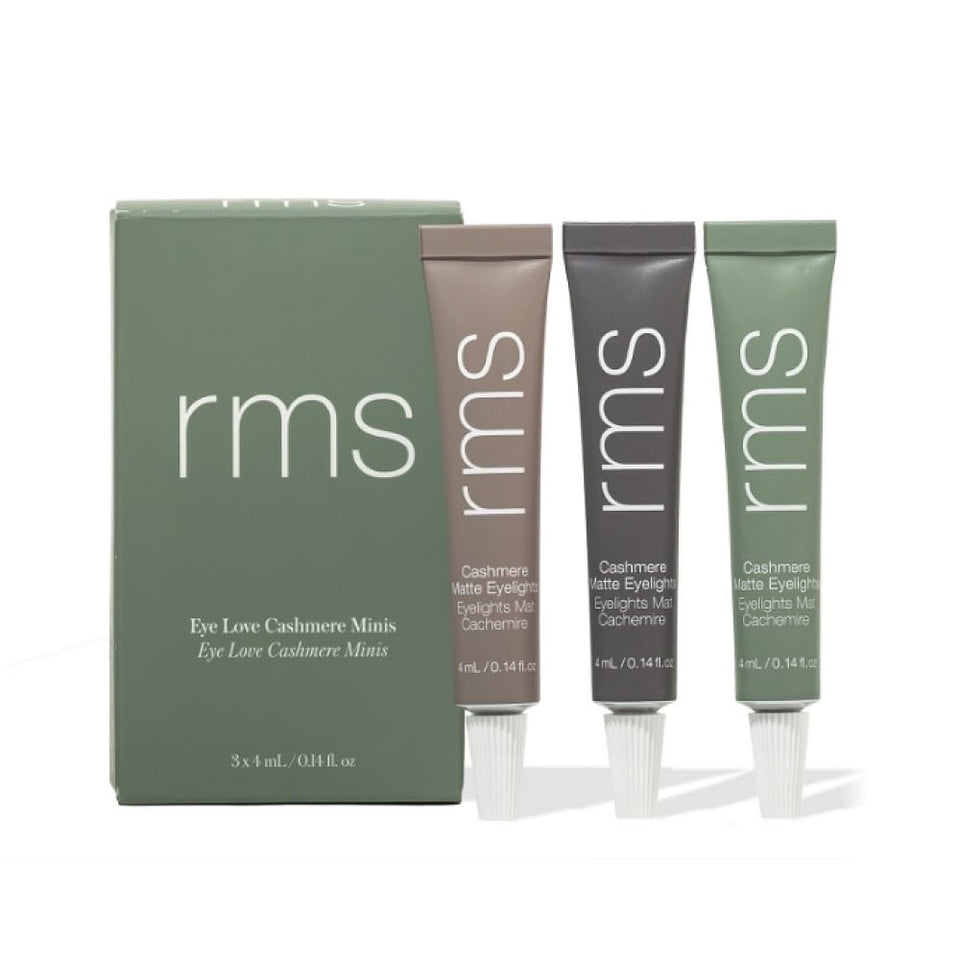 RMS Beauty Eye Love Cashmere Minis swatches warm rose for silky crease-free daytime color.