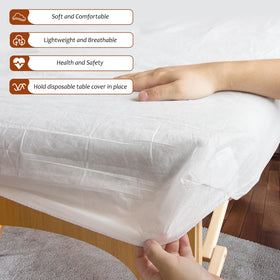 Rngwaper elastic corner cover on massage table sheet prevents sliding during treatments.