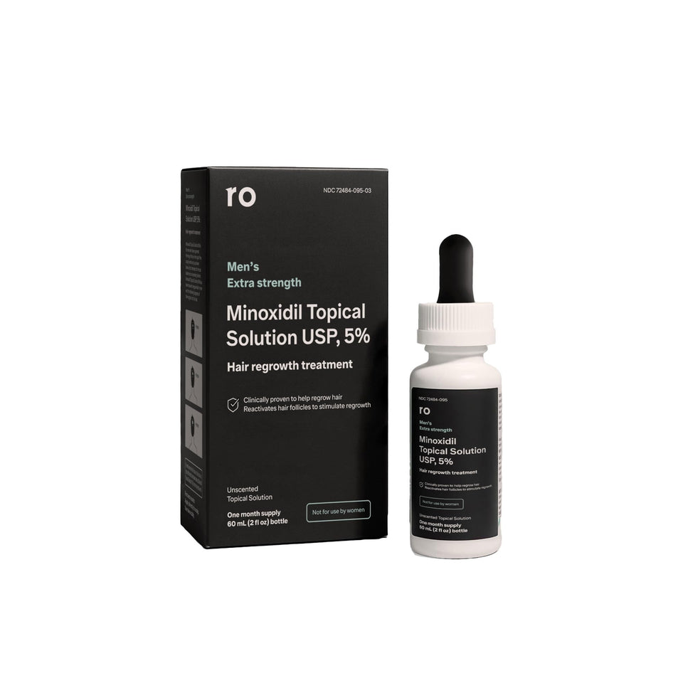 Ro Roman Minoxidil 5% bottle shown for easy at-home scalp application and potential regrowth support