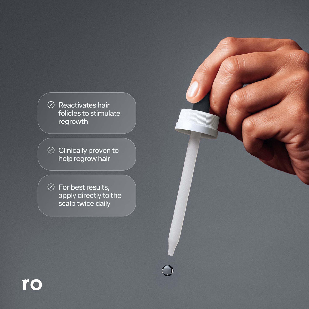 Ro Roman Minoxidil close-up shows clear solution for targeted scalp treatment