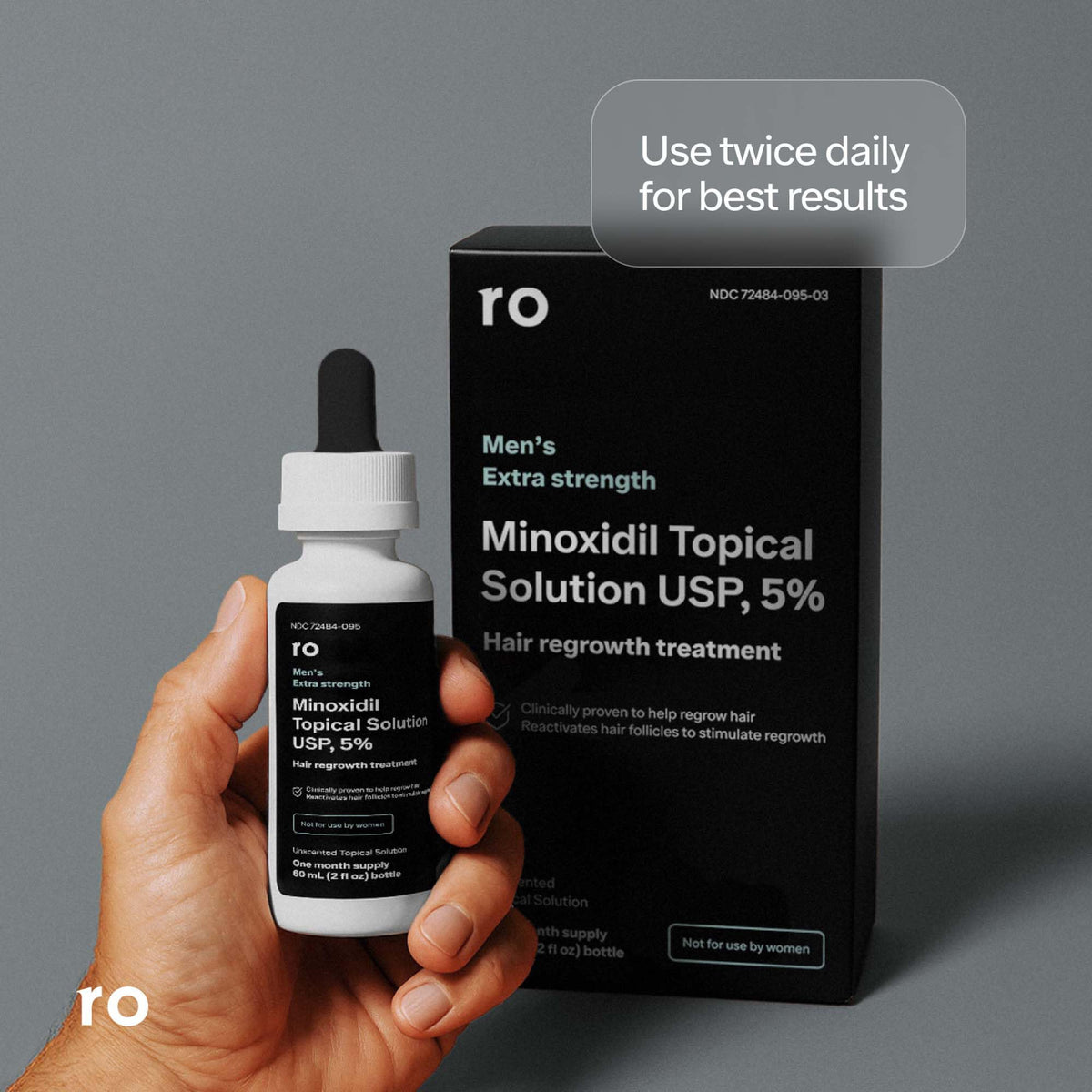 Ro Roman Minoxidil solution visible at a scale-ready bottle and dropper