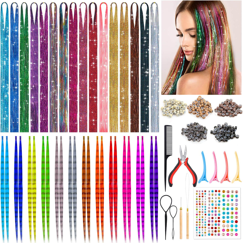 Roadplum hair tinsel kit in 16 colors adds sparkle for party looks.
