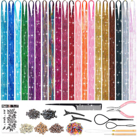 ROADPLUM hair tinsel kit contents with tools for easy DIY styling