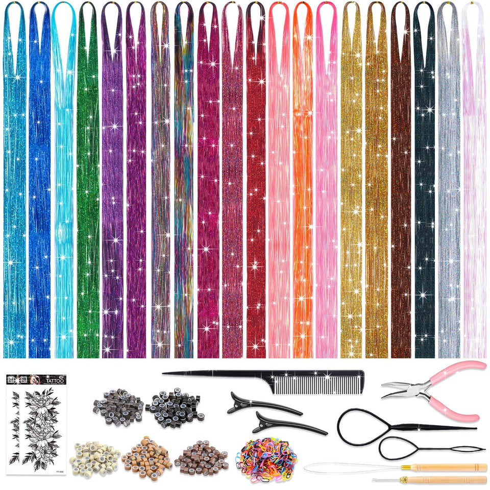 ROADPLUM hair tinsel kit contents with tools for easy DIY styling