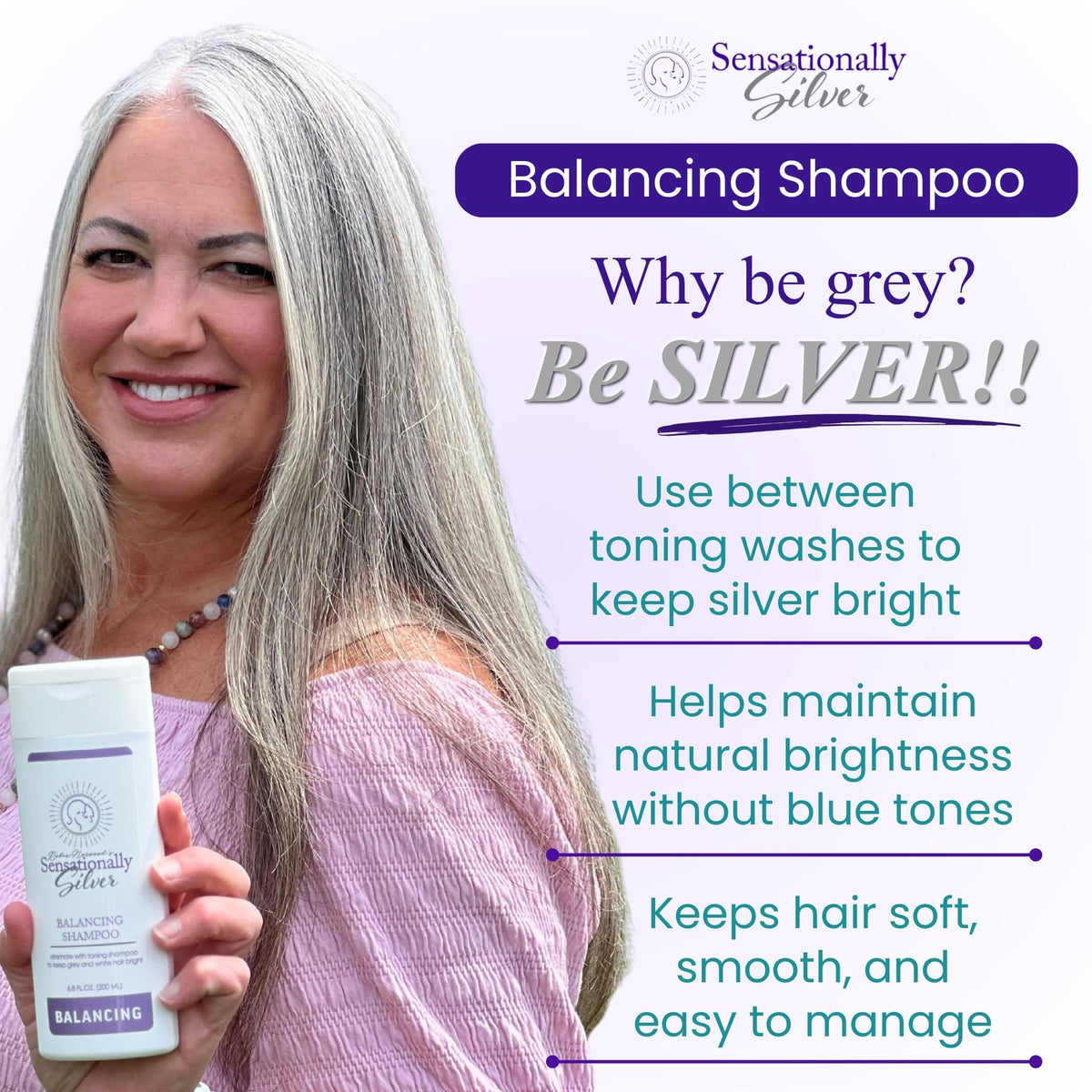 Robin Norwood's Sensationally Silver grey hair closeup shows bright, natural-looking silver.