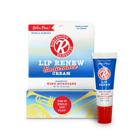 Robinson's Remedies Lip Renew Endurance Cream tube closeup showing quick lip support for wind musicians