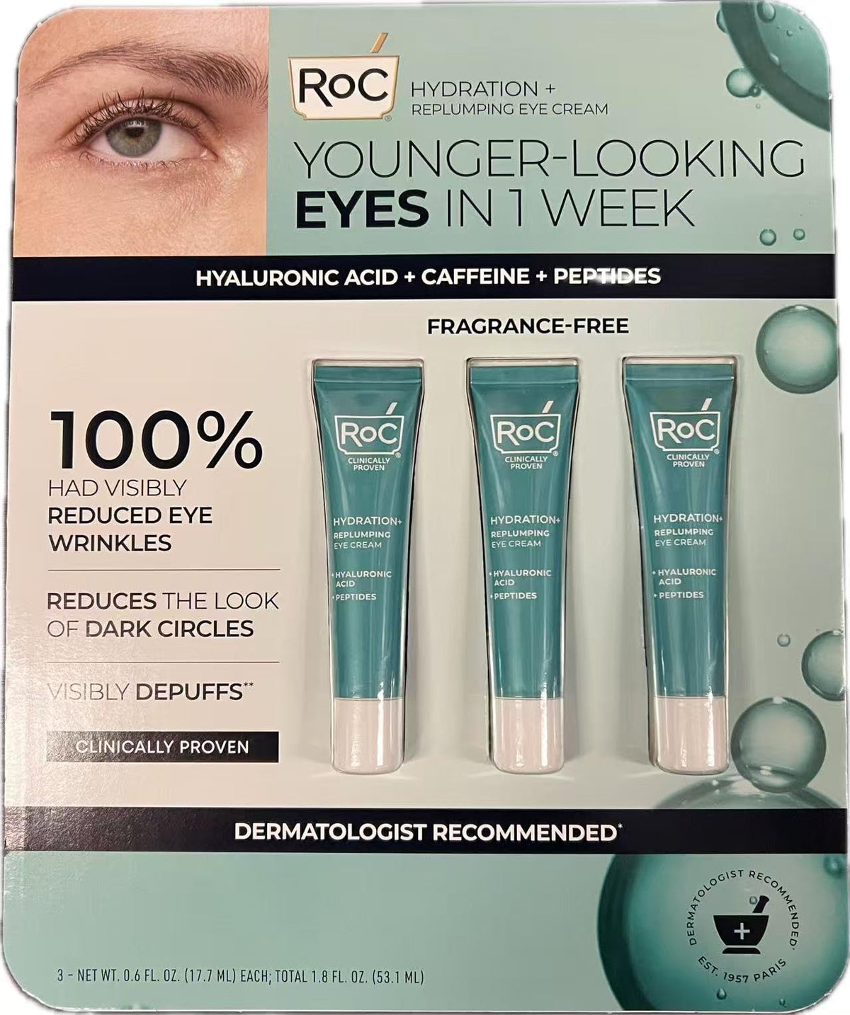 RoC Hydrate and Plump Eye Cream 3-pack box front, highlighting packaging for daily hydration