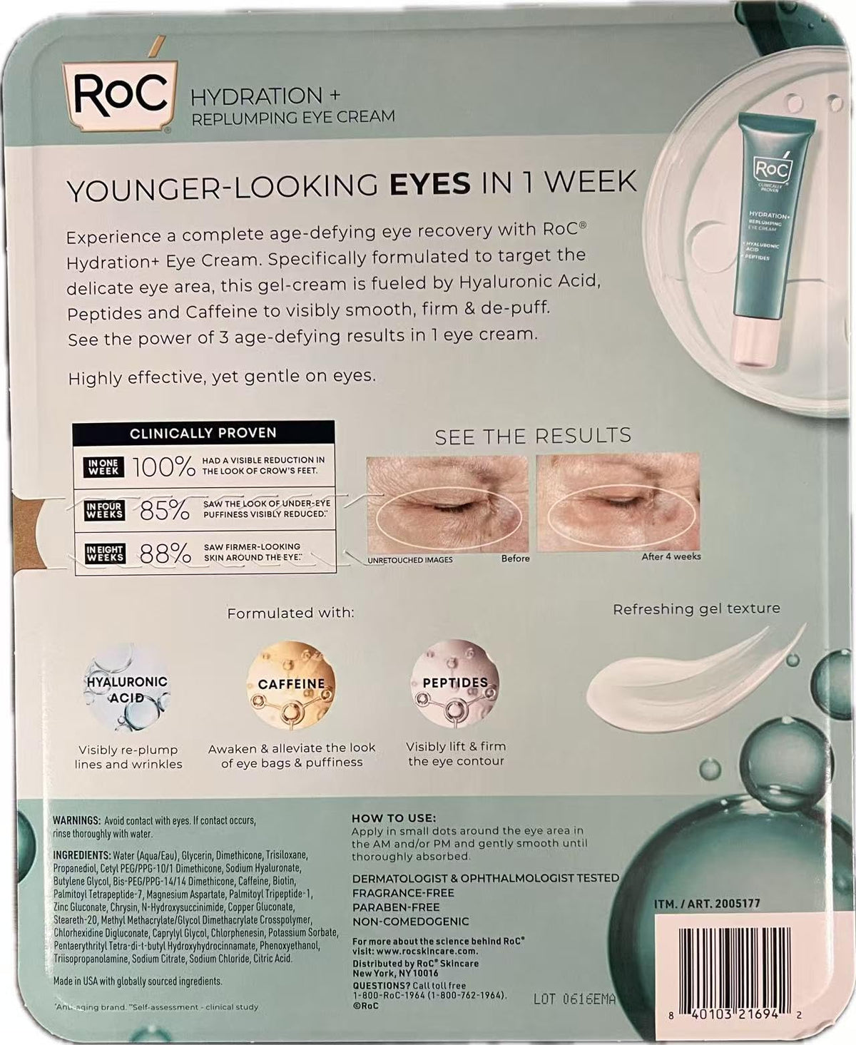 RoC Hydrate and Plump Eye Cream 3-pack tube dispense close-up showing hydrating, smoothing texture