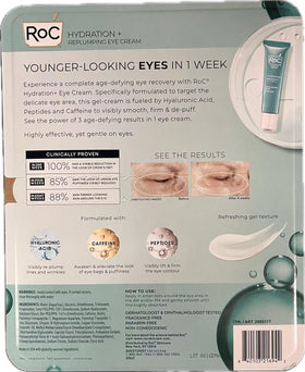 RoC Hydrate and Plump Eye Cream 3-pack tube dispense close-up showing hydrating, smoothing texture