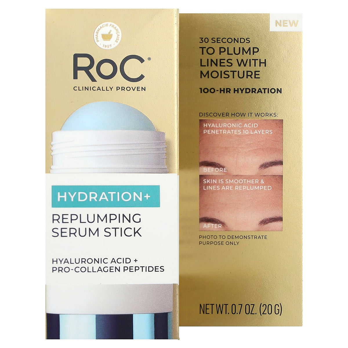RoC Hydration + Replumping Serum Stick close-up highlights moisturizing action.