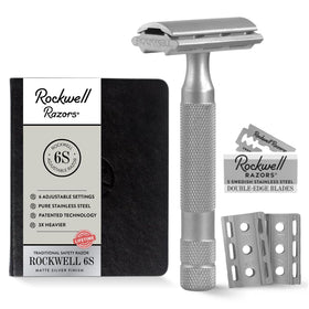 Rockwell 6S matte stainless razor shown in full view for a balanced, precise shave.