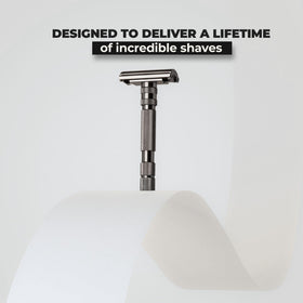 Rockwell T2 gunmetal chrome finish on a premium, sturdy razor.