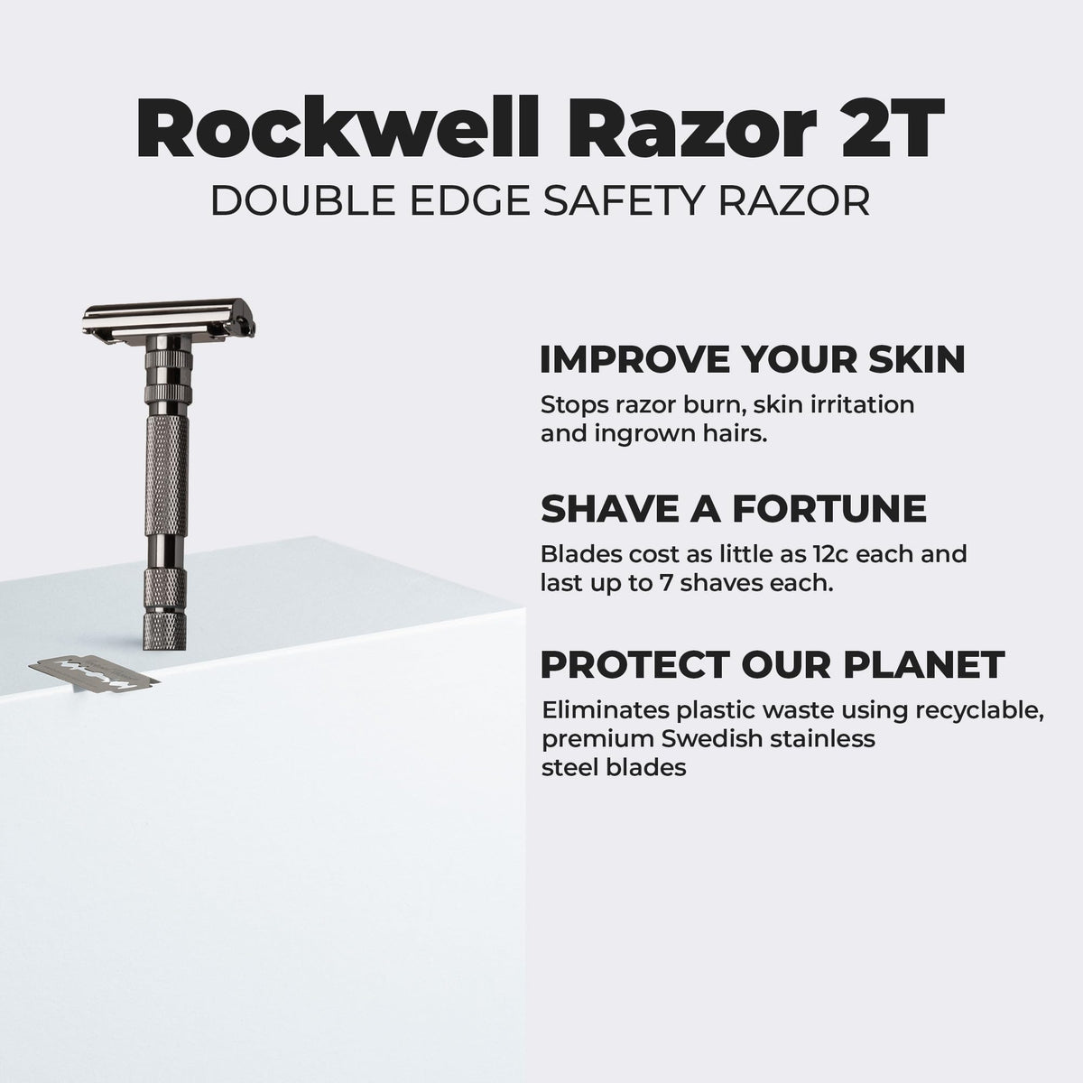 Rockwell T2 symmetric blade alignment for a closer, balanced shave.