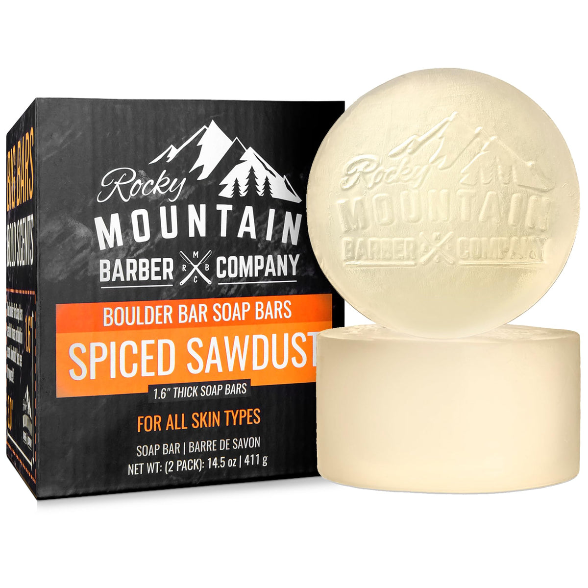 Rocky Mountain Barber Boulder Bar thick soap block ready for a bold lather head-to-toe use