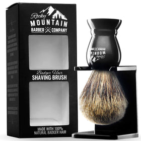 Rocky Mountain Barber brush with stand full view showing durable all-resin handle.
