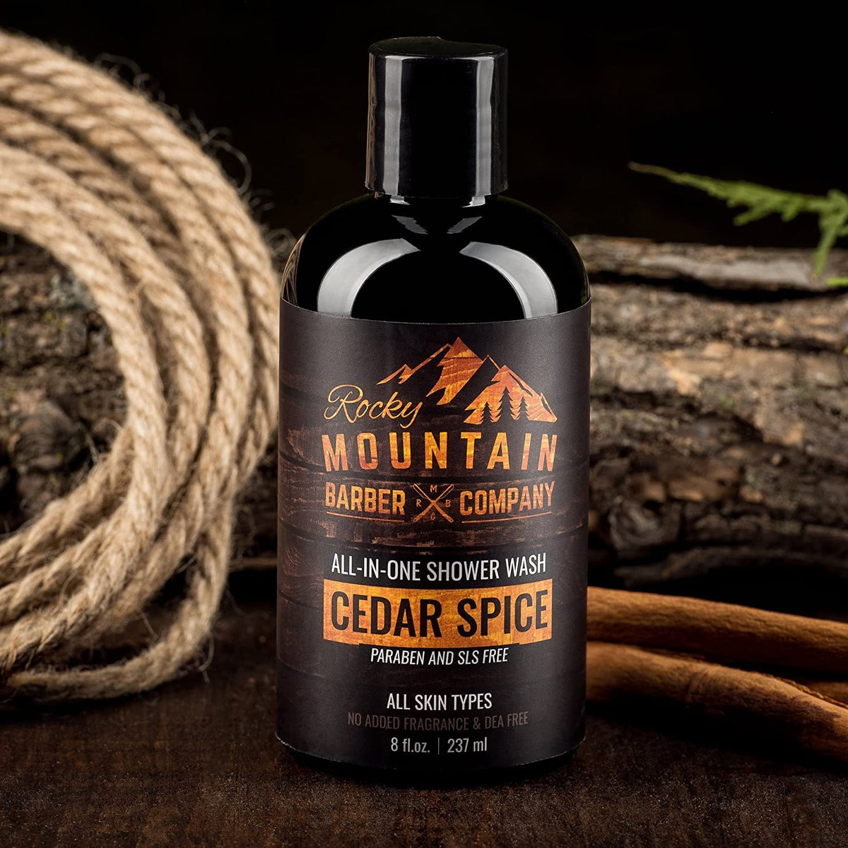 Rocky Mountain Barber Co Cedar Spice shower scene with rich fragrance