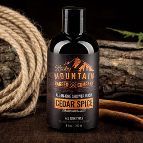 Rocky Mountain Barber Co Cedar Spice shower scene with rich fragrance