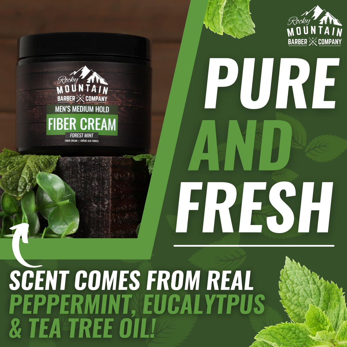 Branding packaging of Rocky Mountain Barber Company fiber cream ready for display.