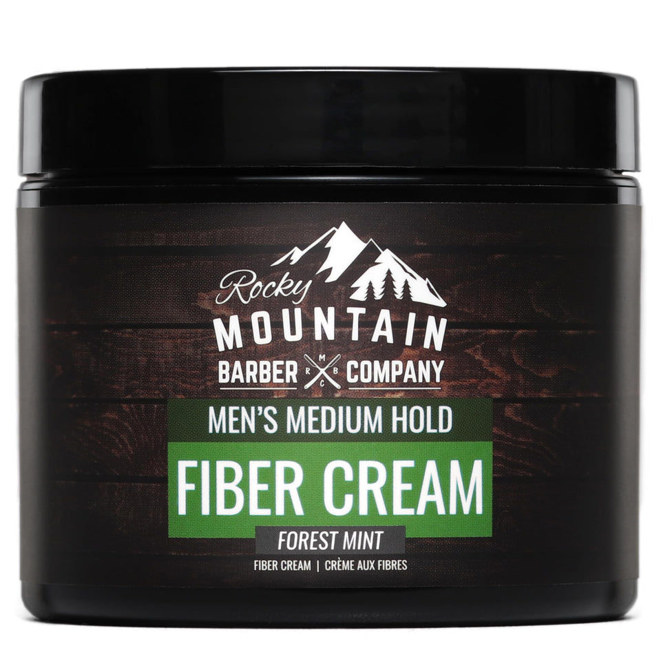 Rocky Mountain Barber Company Men's Fiber Cream bottle showing medium hold.