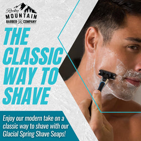 Rocky Mountain Barber glacial spring scent lather setup for refreshing morning shaves