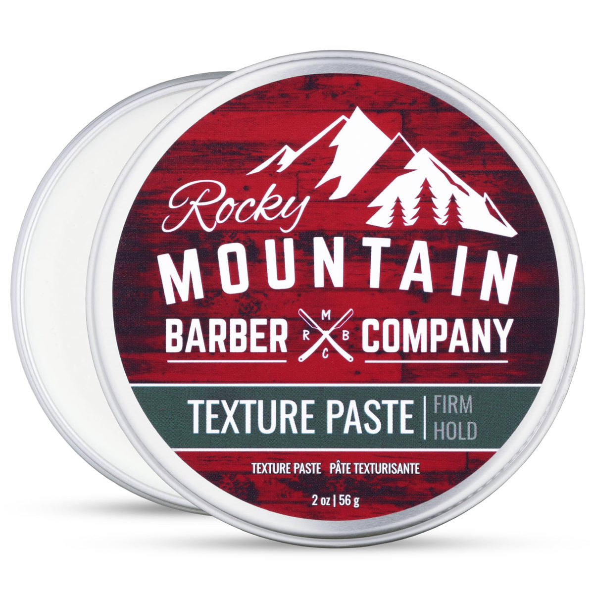 Rocky Mountain Barber Company hair paste bottle enables versatile all-day styling.