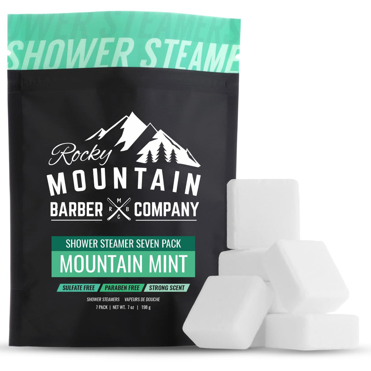 Rocky Mountain Barber Mountain Mint steamers pack for refreshing shower aromatherapy.