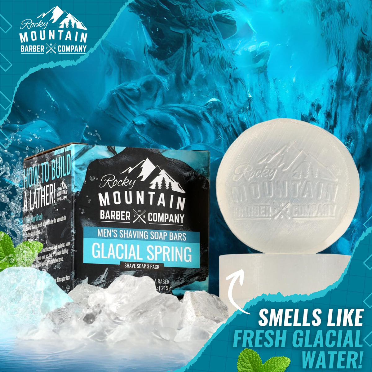 Rocky Mountain Barber soap puck close-up shows cocoa butter for skin nourishment