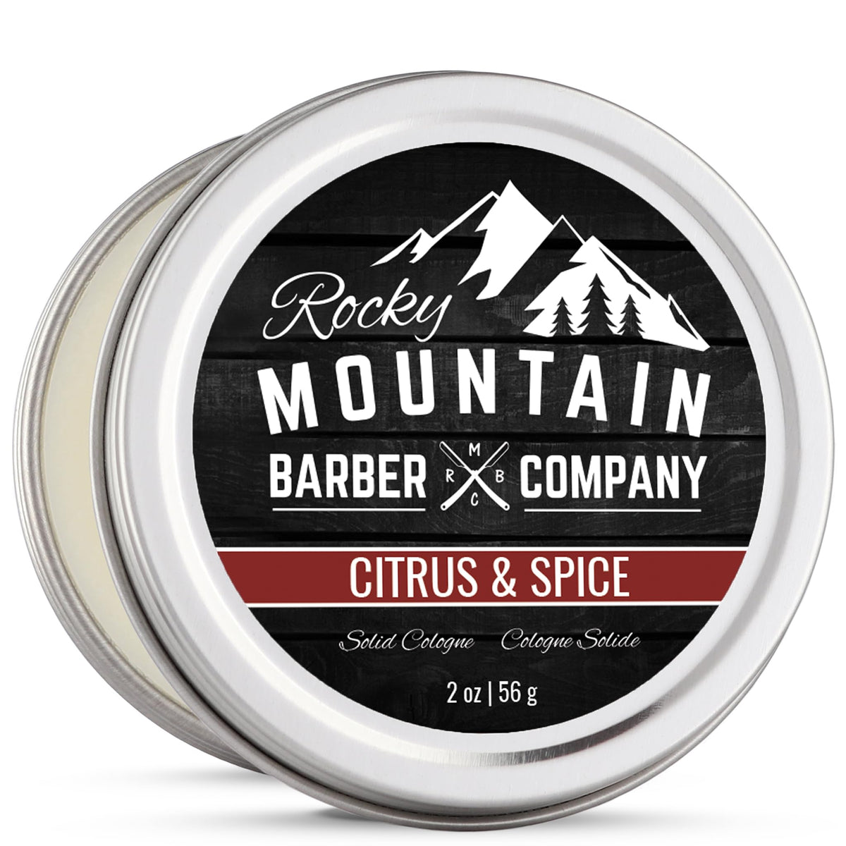 Rocky Mountain Barber solid cologne citrus-spice tin with long-lasting scent