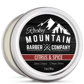 Rocky Mountain Barber solid cologne citrus-spice tin with long-lasting scent
