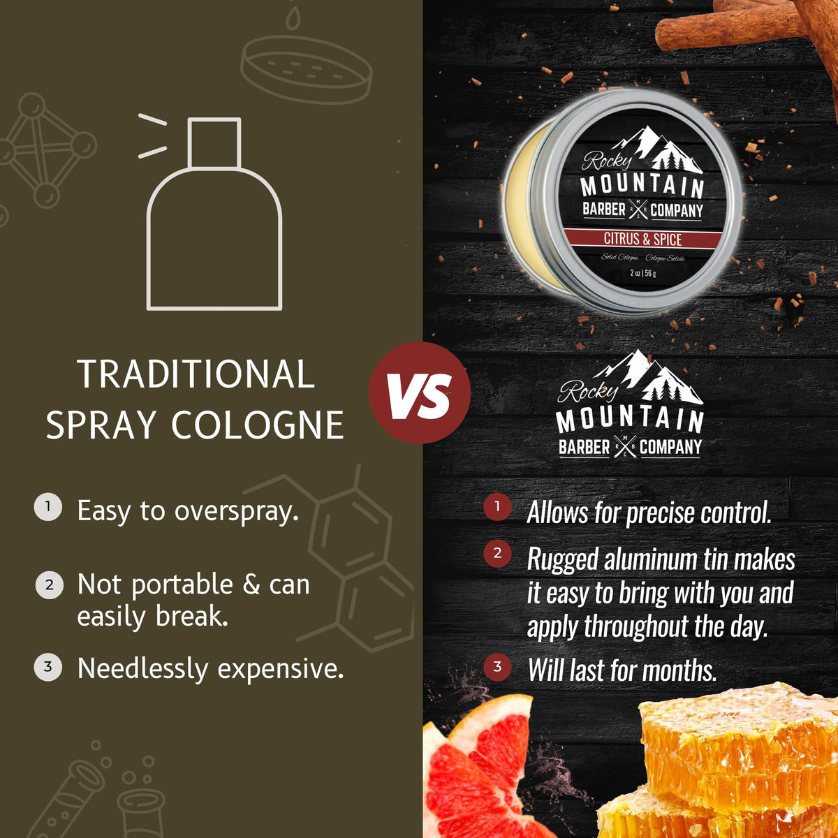 Closeup of Rocky Mountain Barber solid cologne packaging in a compact tin