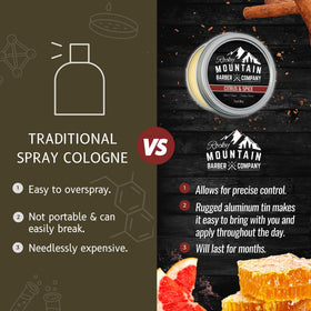 Closeup of Rocky Mountain Barber solid cologne packaging in a compact tin