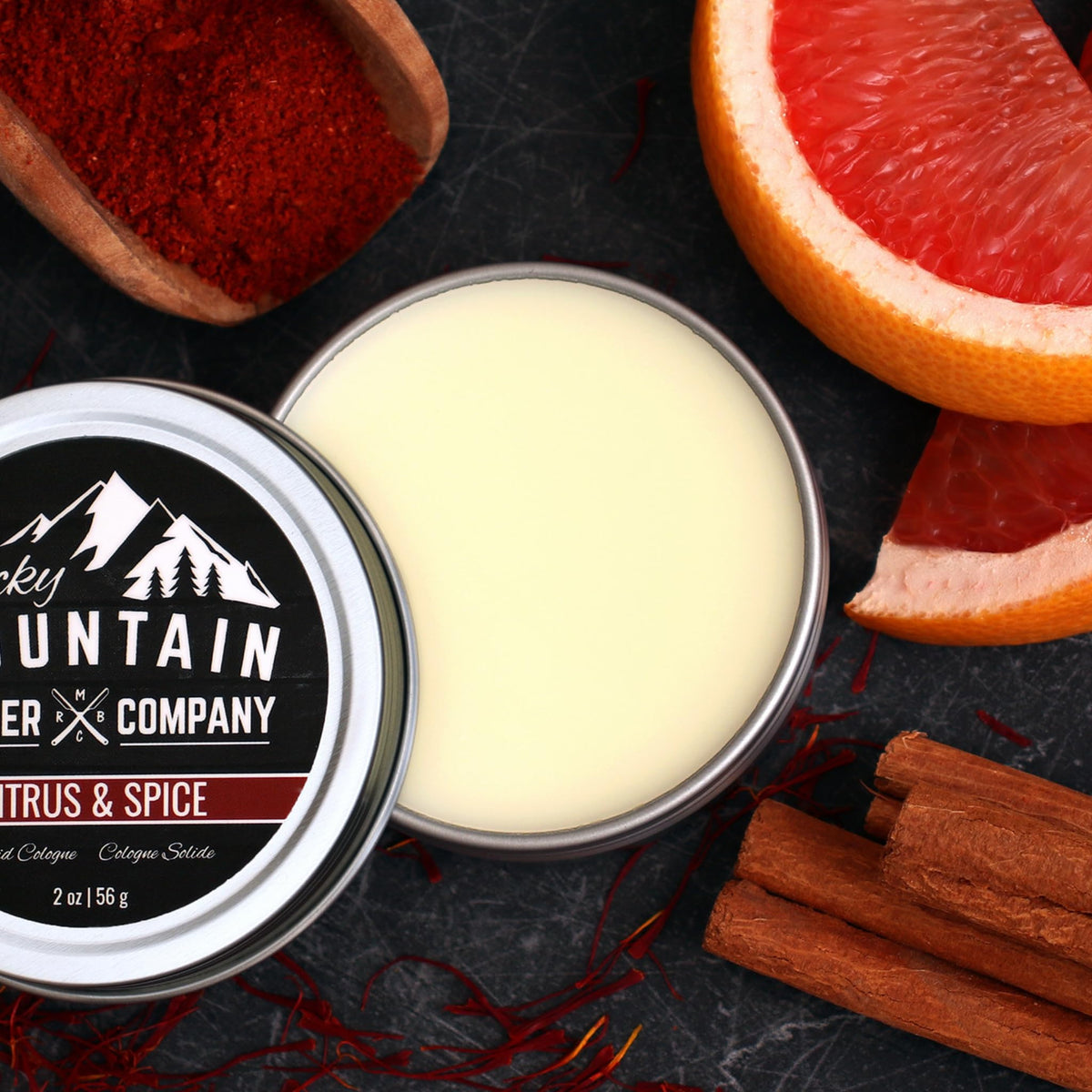 Scent notes image for Rocky Mountain Barber solid cologne citrus-spice blend