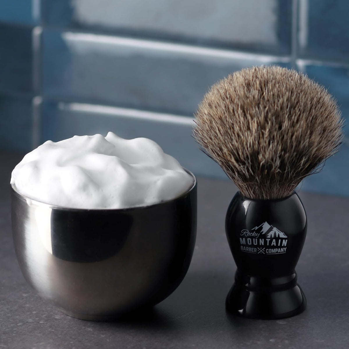 Rocky Mountain Barber brush wide bristle head for easier lather application.