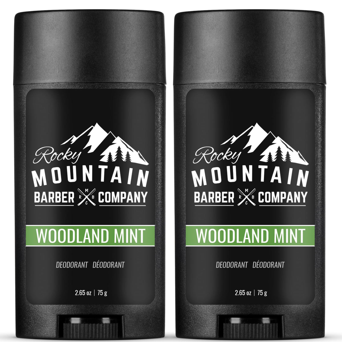 Rocky Mountain Barber Woodland Mint deodorant front view for all-day freshness.