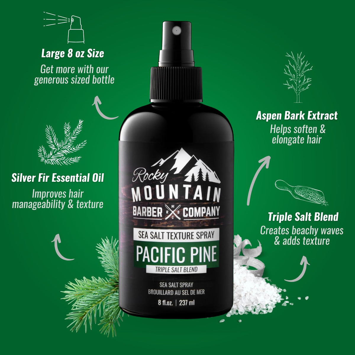 Hands applying Rocky Mountain Sea Salt Spray for quick texture and lift.
