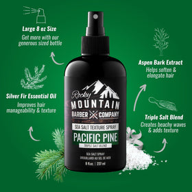 Hands applying Rocky Mountain Sea Salt Spray for quick texture and lift.